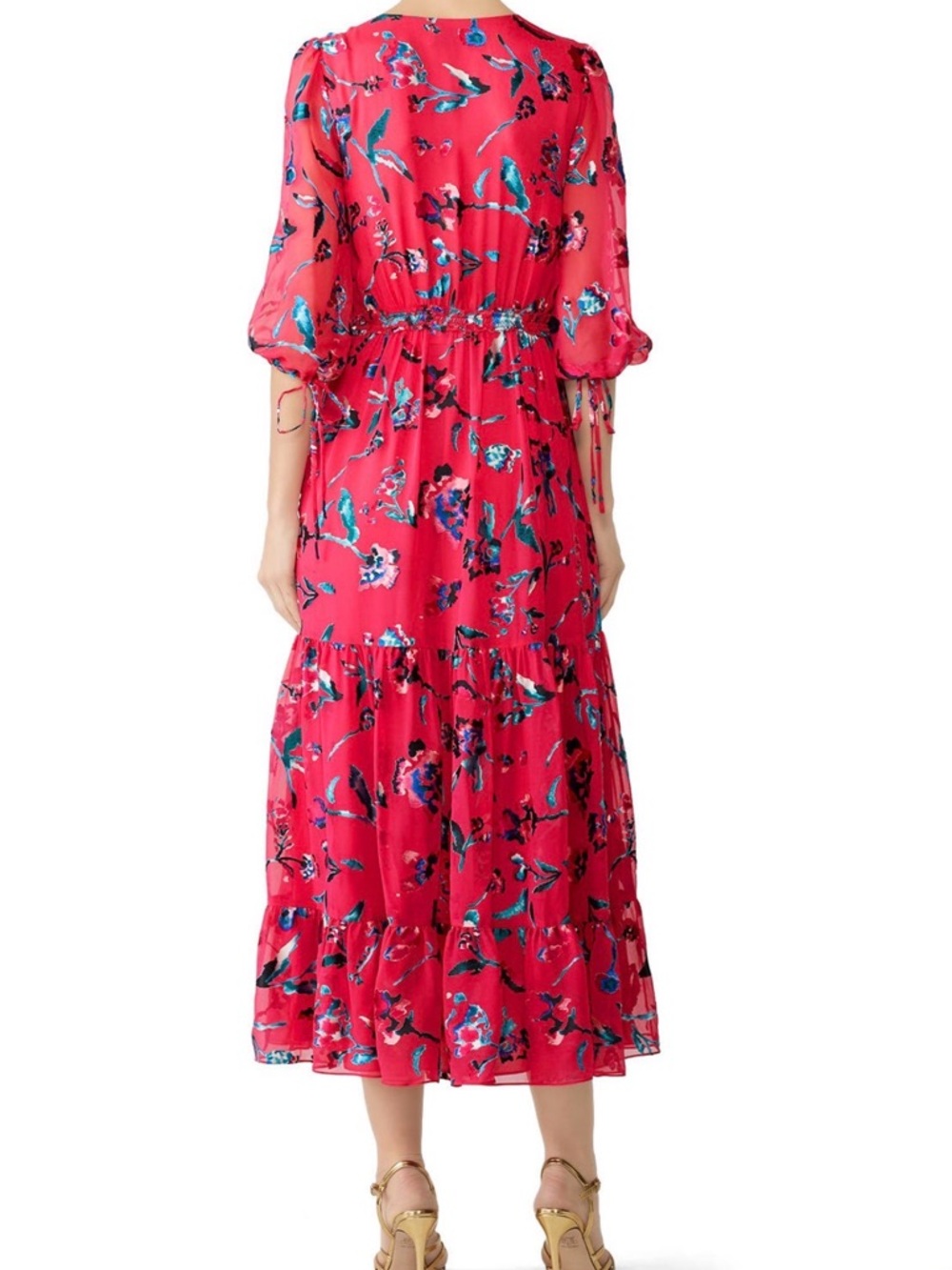 Tanya Taylor Dulce Silk Rayon Hot Pink Floral Tiered Ruffle Midi Dress Sz 6 - Picture 3 of 7